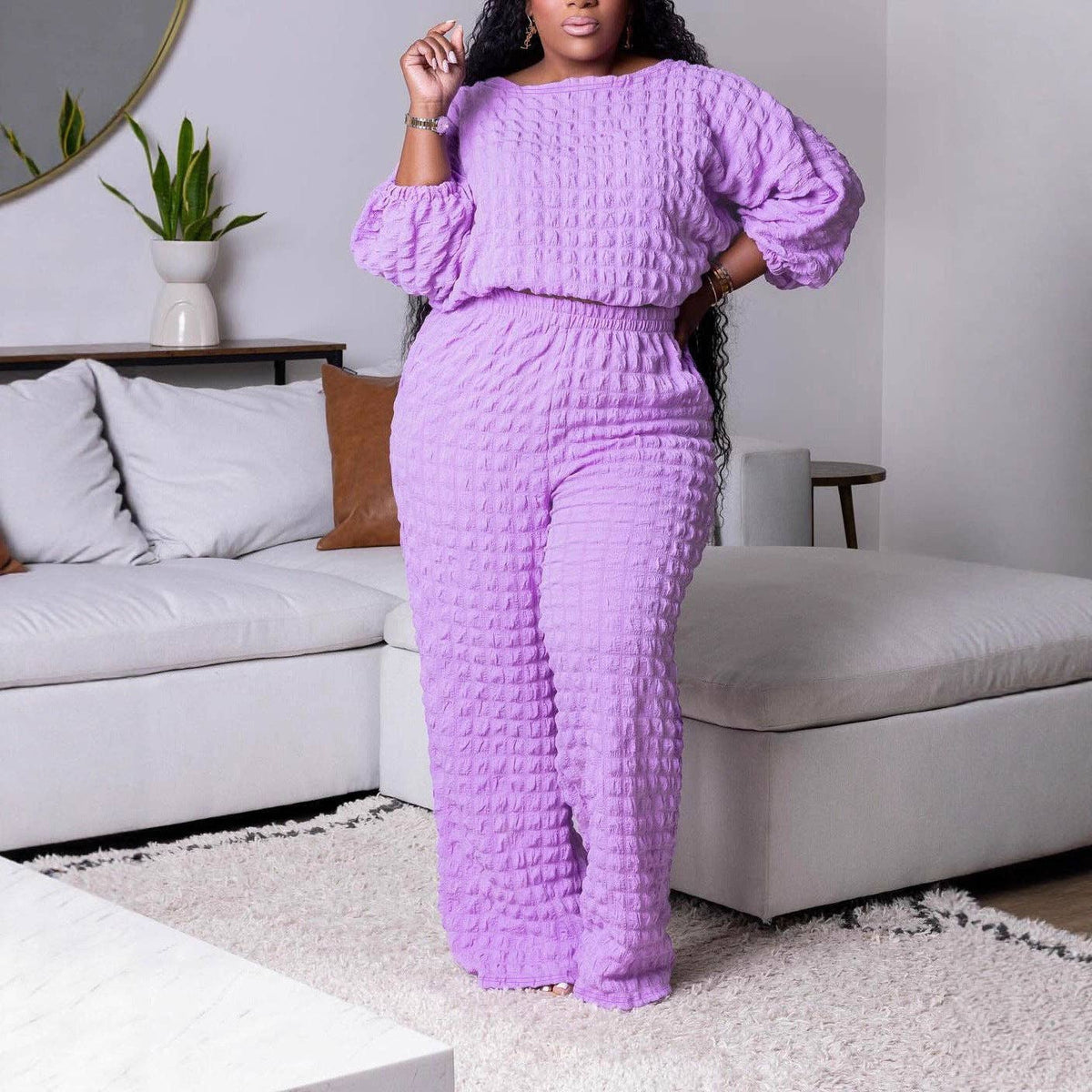 Women's plus size violet three-quarter sleeve top and wide-leg pants set, view 2