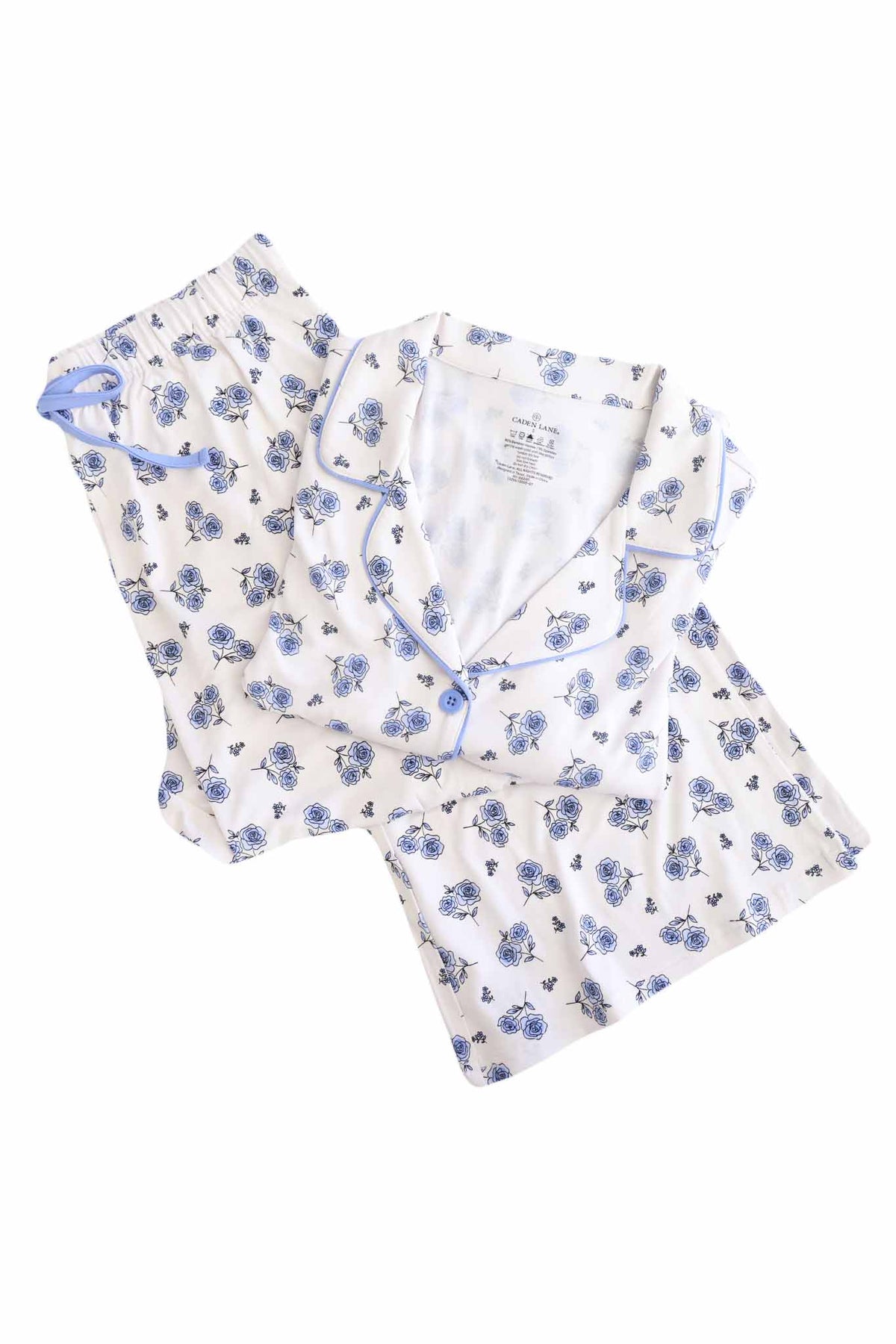 Women's sapphire blue floral bamboo short-sleeve pajama set with flare pants