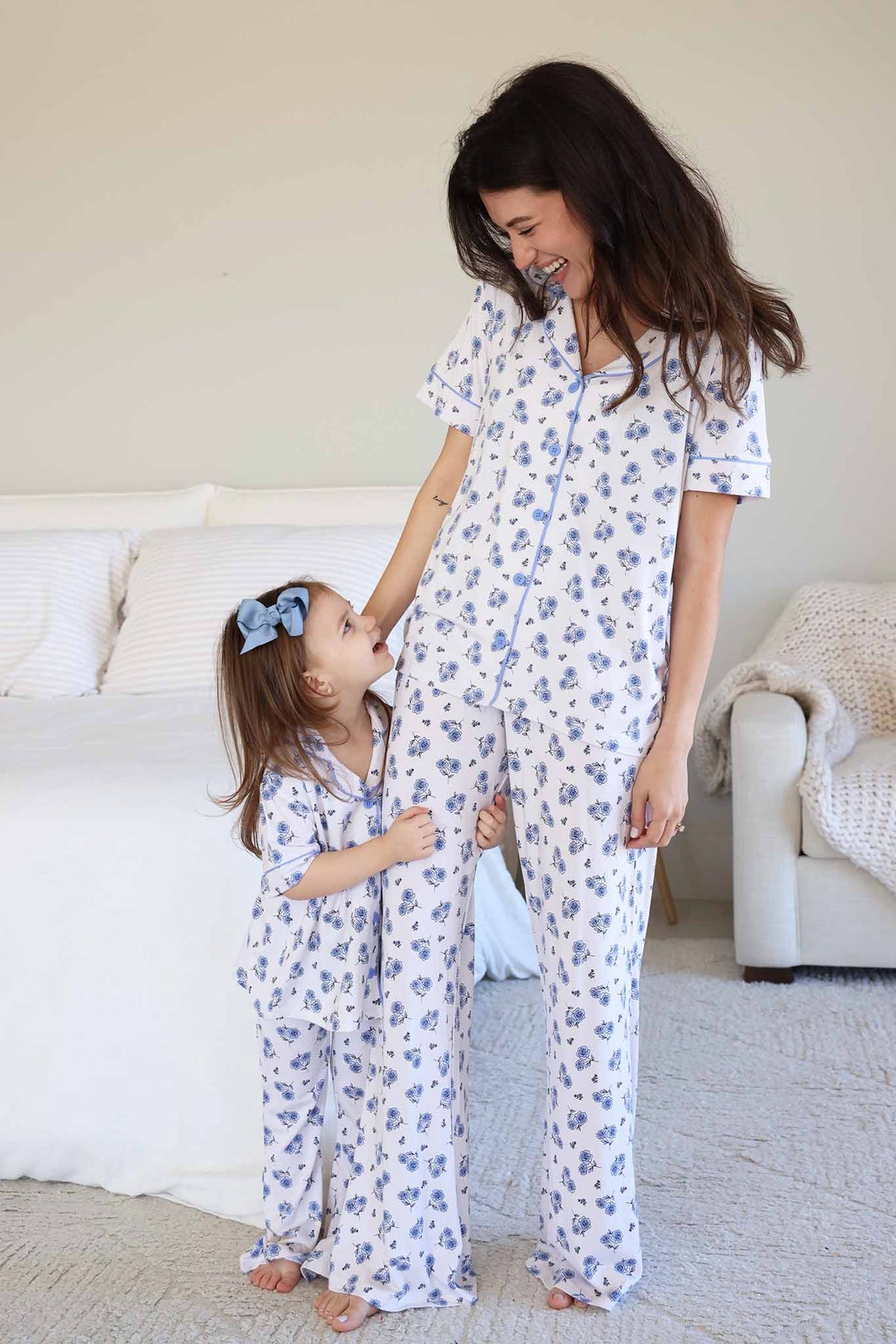 Women's sapphire blue floral bamboo short-sleeve pajama set with flare pants