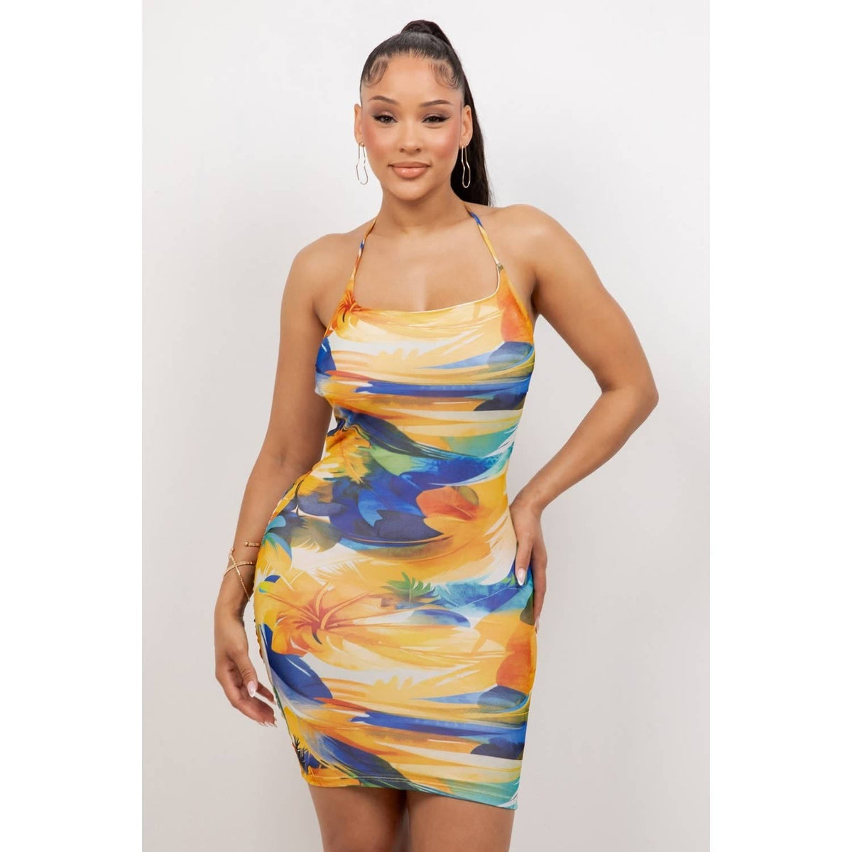Women's blue and yellow abstract print mesh cowl halter mini dress with cut-out waist – photo 2