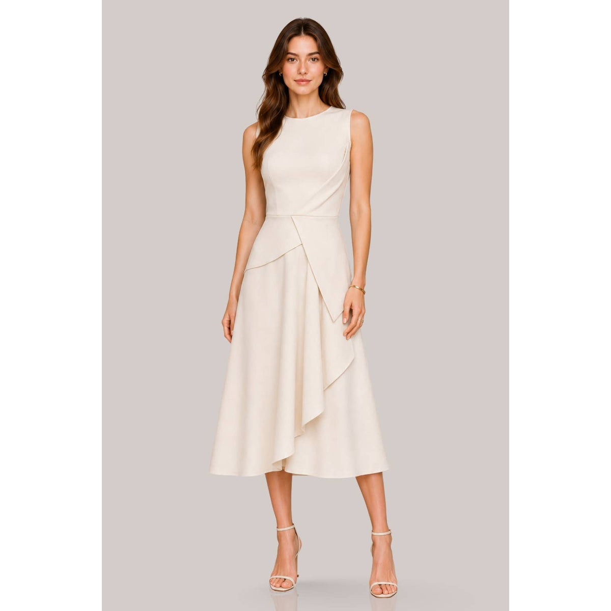 Women's ivory asymmetric pleated ruffle cascade midi dress