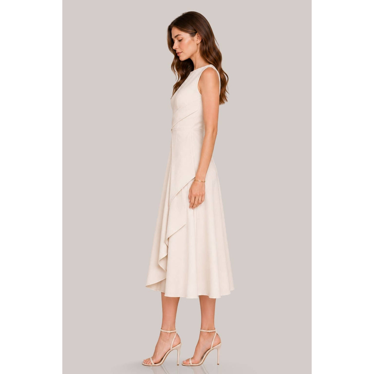 Women's ivory asymmetric pleated ruffle cascade midi dress – view 3