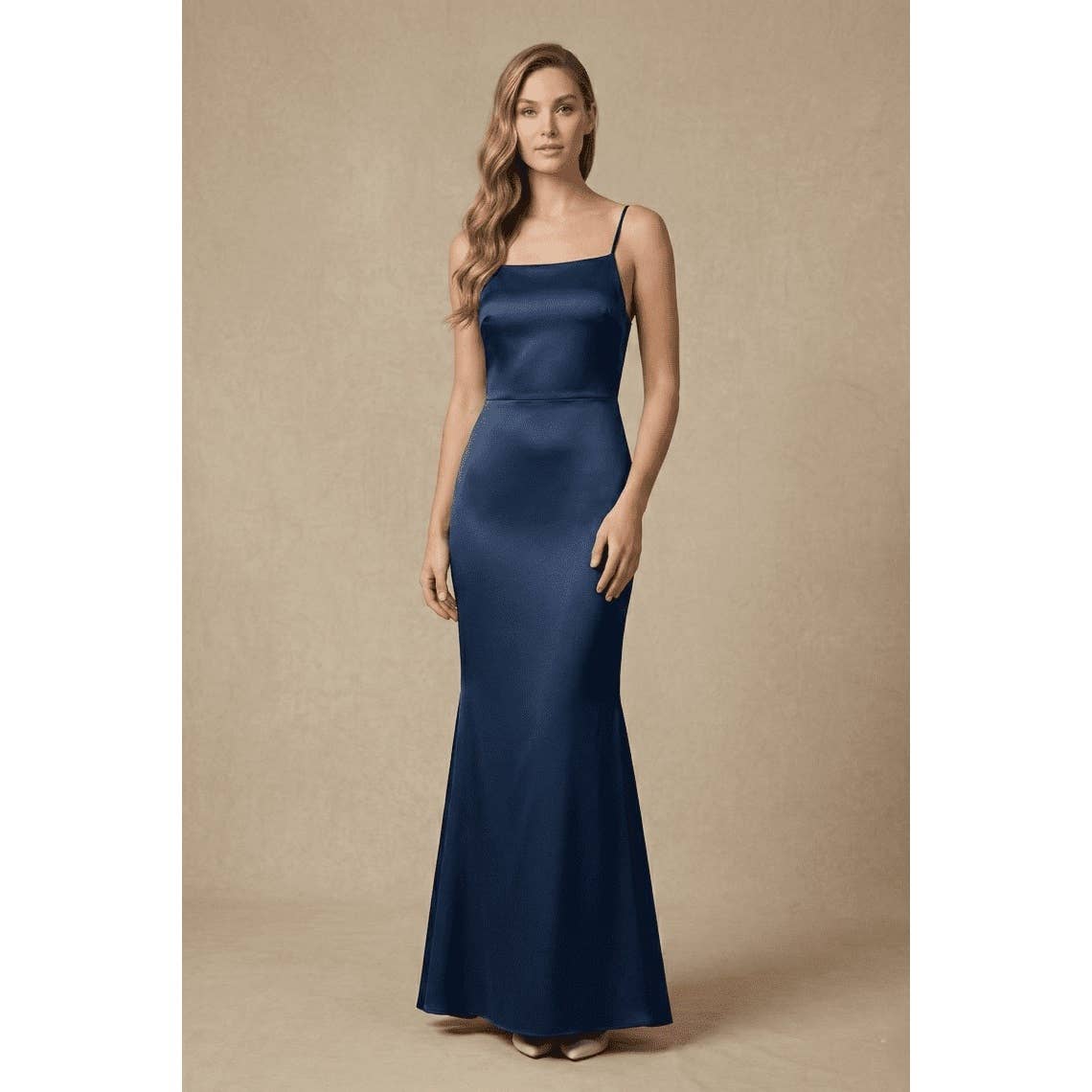 Women's navy asymmetric spaghetti strap satin mermaid maxi dress