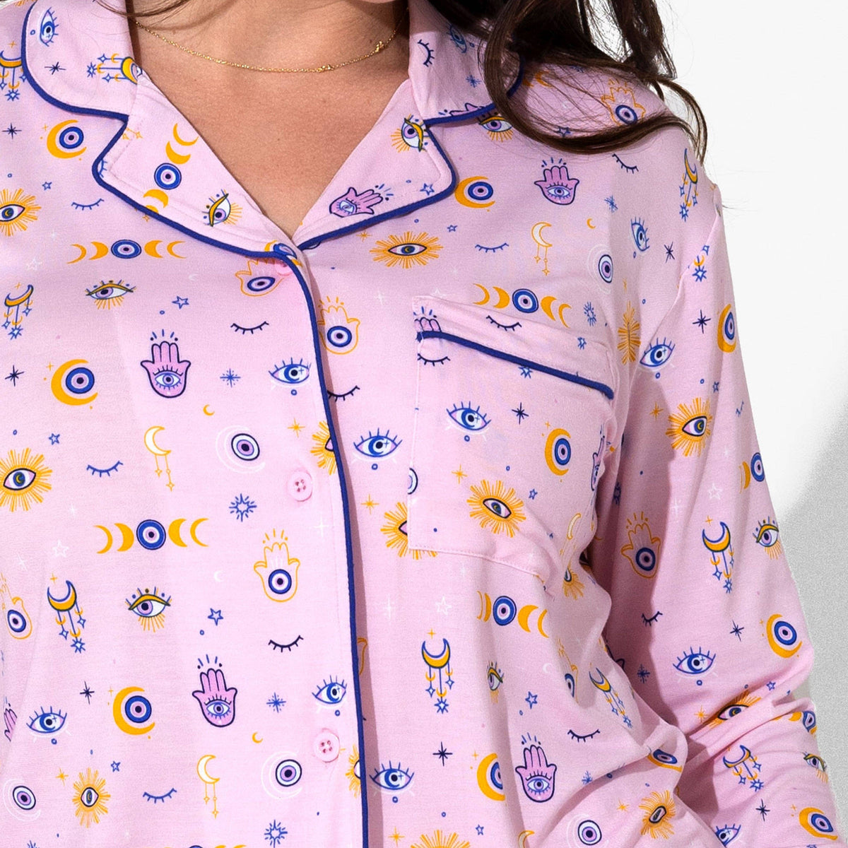 Women's pink eye print bamboo button-up pajama set – view 2