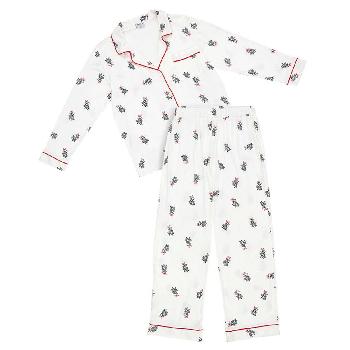 Women's white mistletoe print bamboo piped button-up pajama set