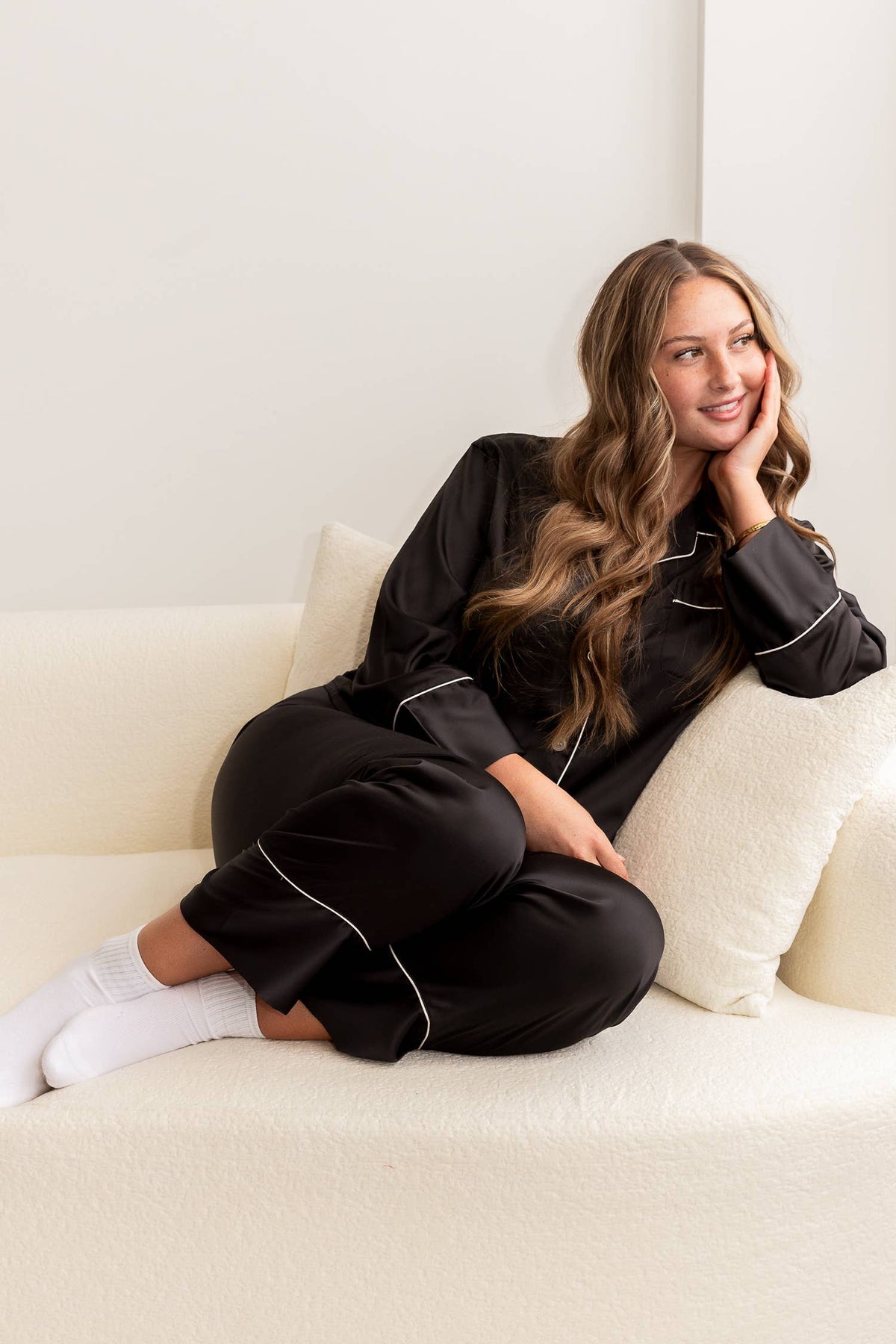 Women's black satin piped pajama pants set