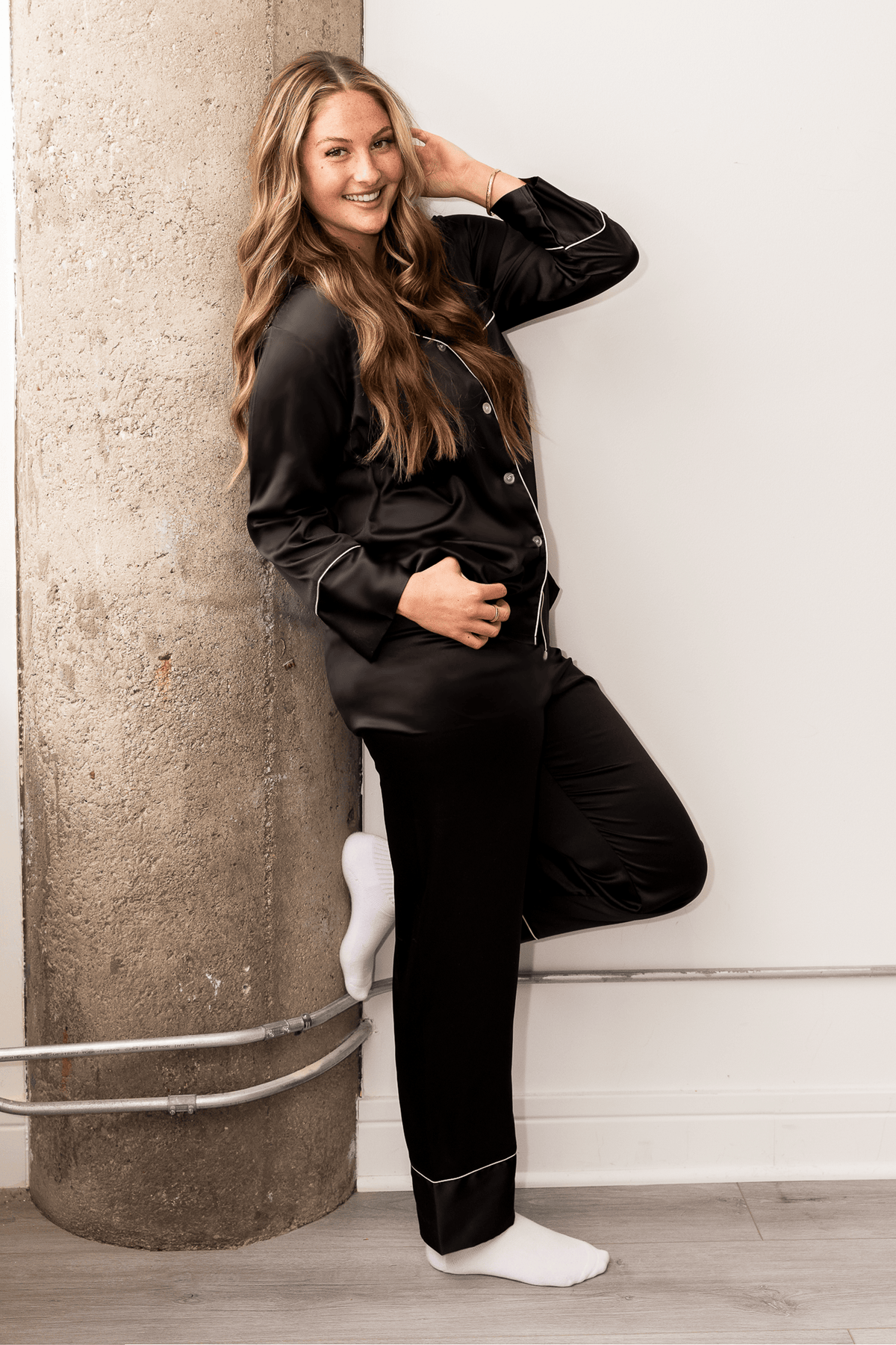 Women's black satin piped pajama pants set – view 2