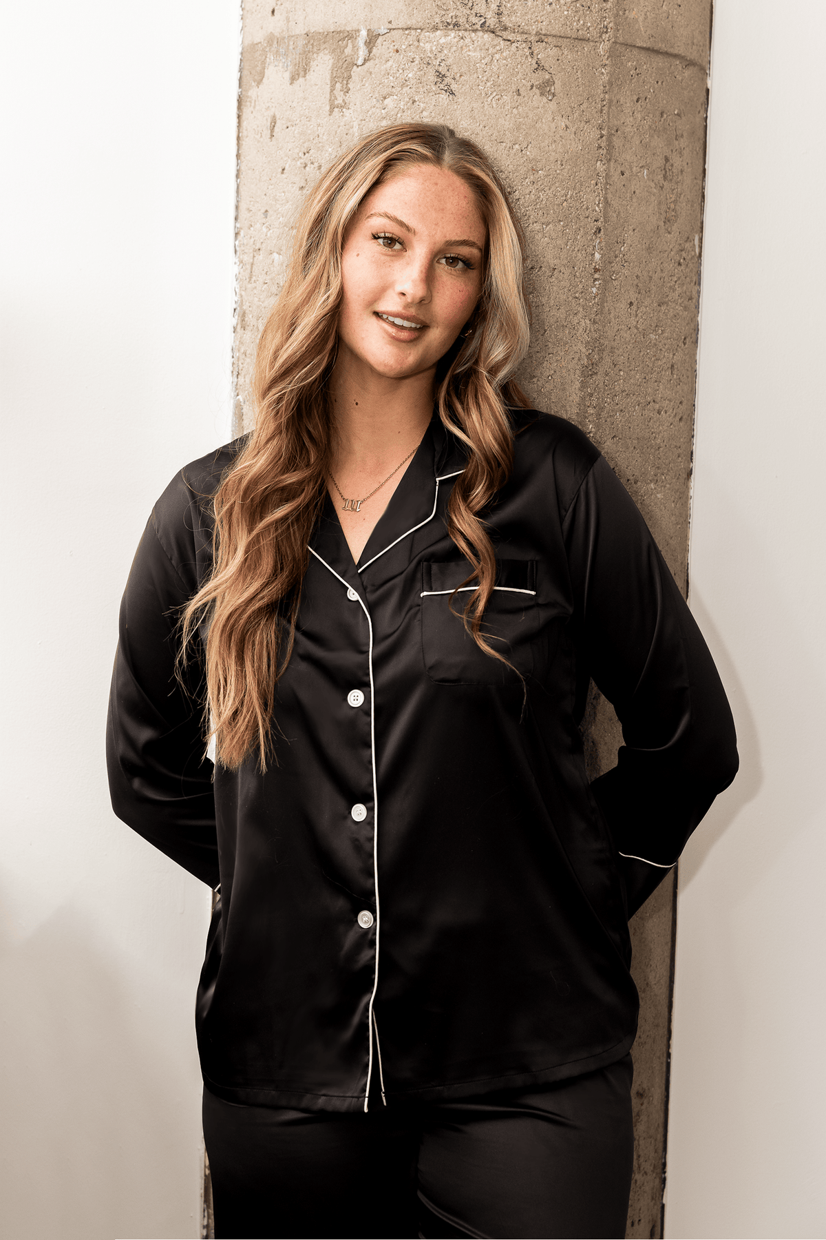 Women's black satin piped pajama pants set – view 3