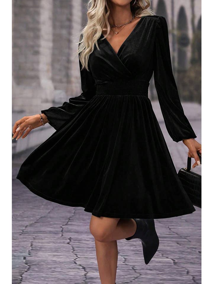 Women's Black Velvet Long-Sleeve Surplice Mini Dress - front view