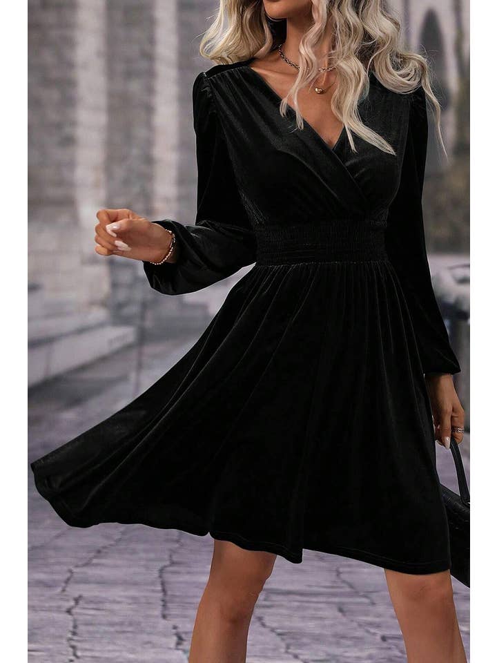 Women's Black Velvet Long-Sleeve Surplice Mini Dress - view 3