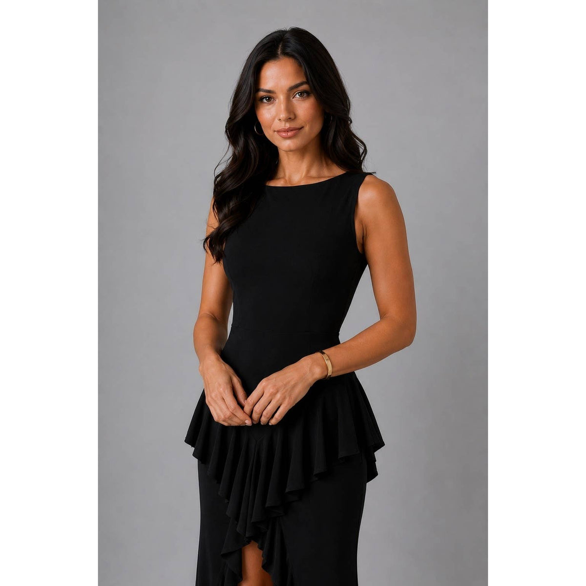 Women's black boat neck ruffle cascade high-low maxi gown – view 2
