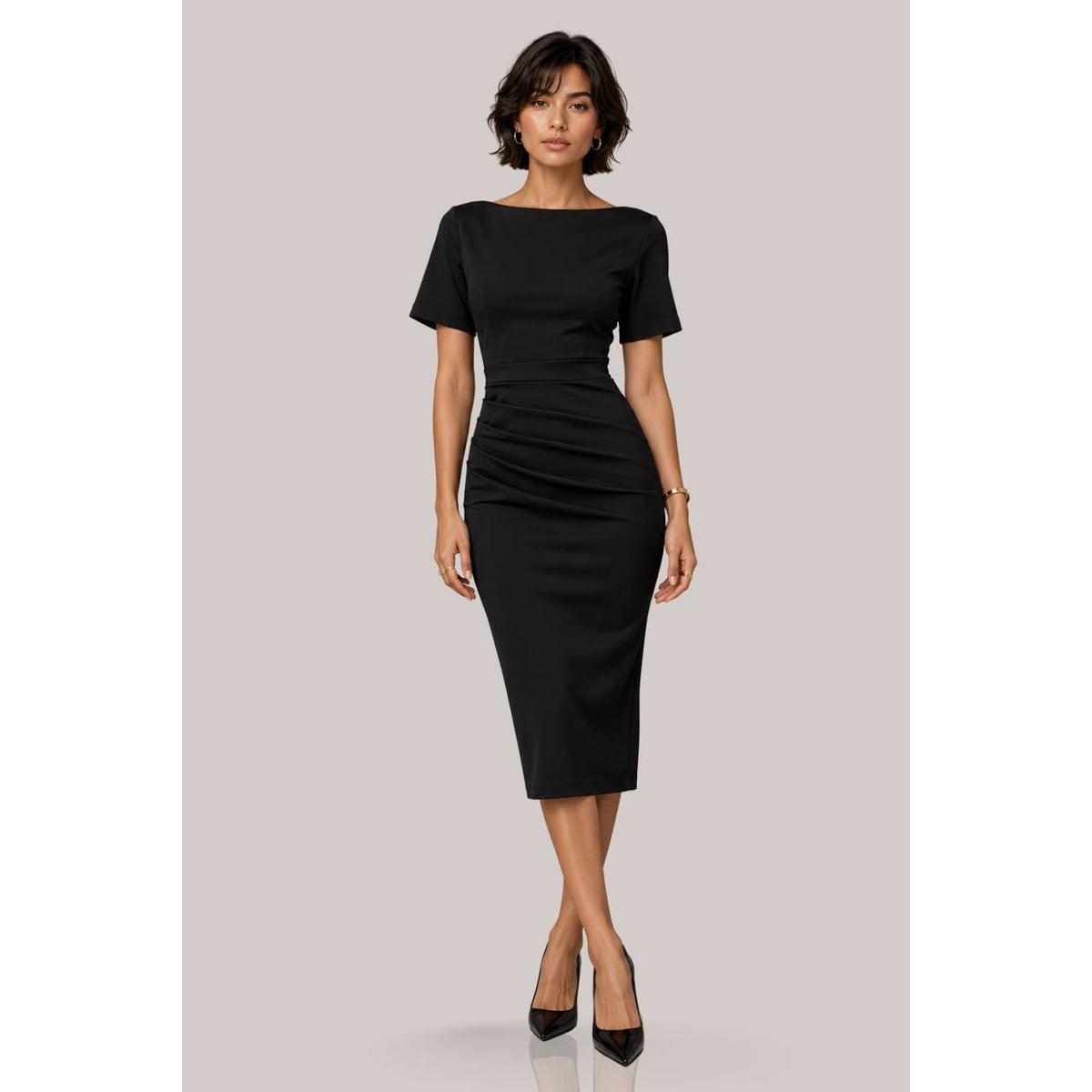 Women's black boat neck short sleeve ruched midi dress