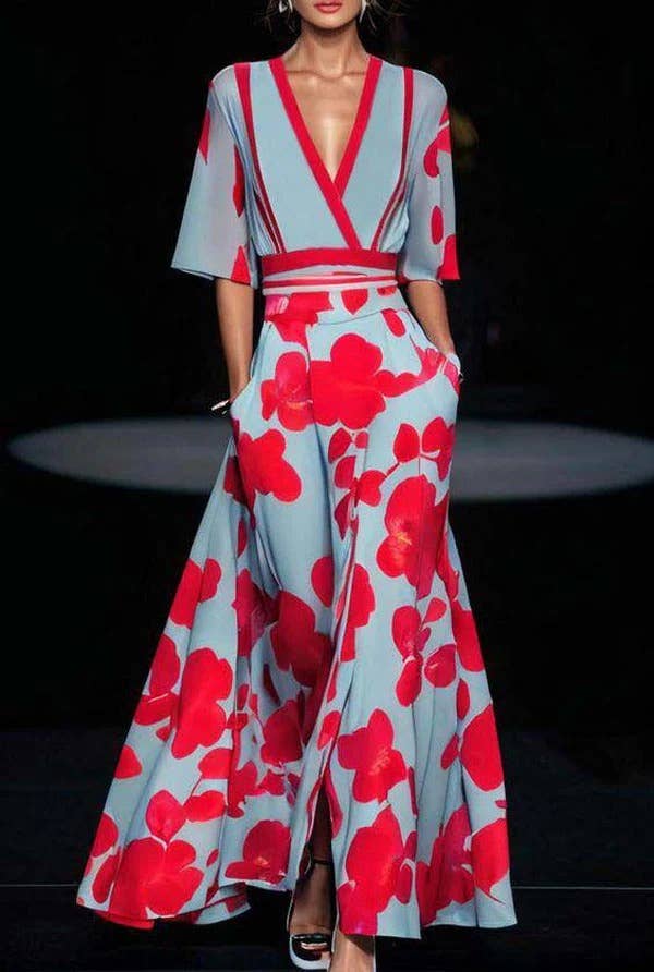 Women's red oversized floral print deep V-neck wide sleeve high-waist maxi dress