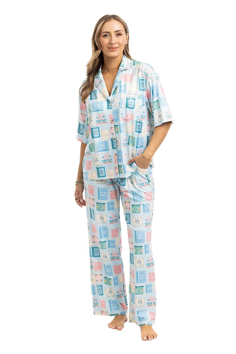 Women's light blue book club print matching pajama set – view 3