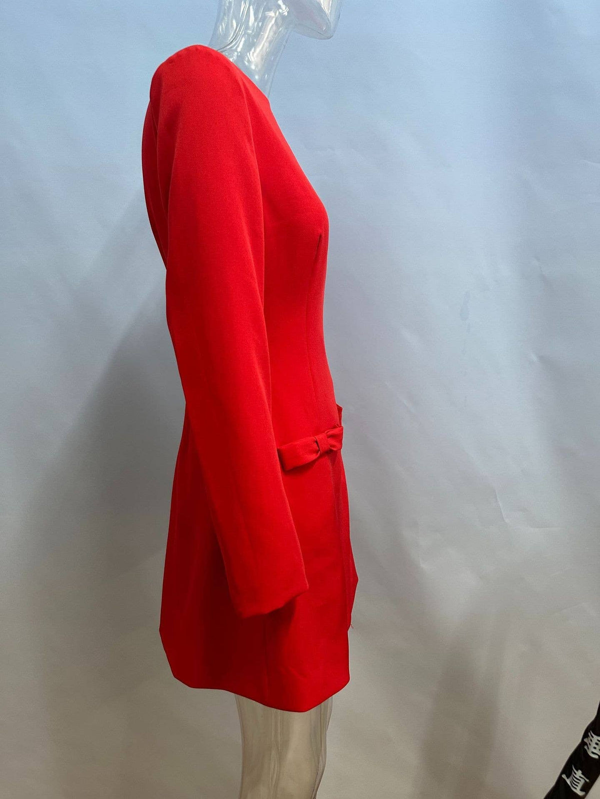 Women's red long sleeve boat neck mini dress with bow detail - view 2