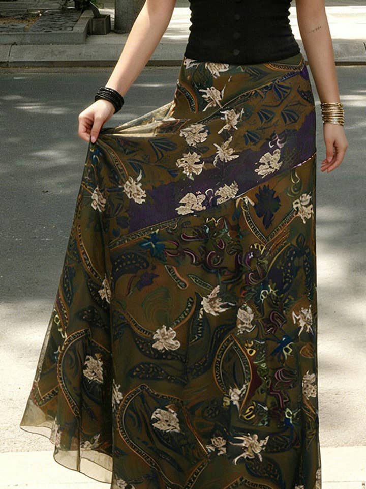 Women's Brown Floral Patterned Flowing Midi Skirt - front view