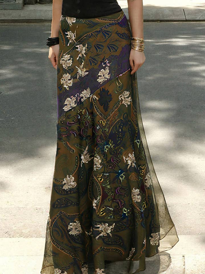 Women's Brown Floral Patterned Flowing Midi Skirt - view 2