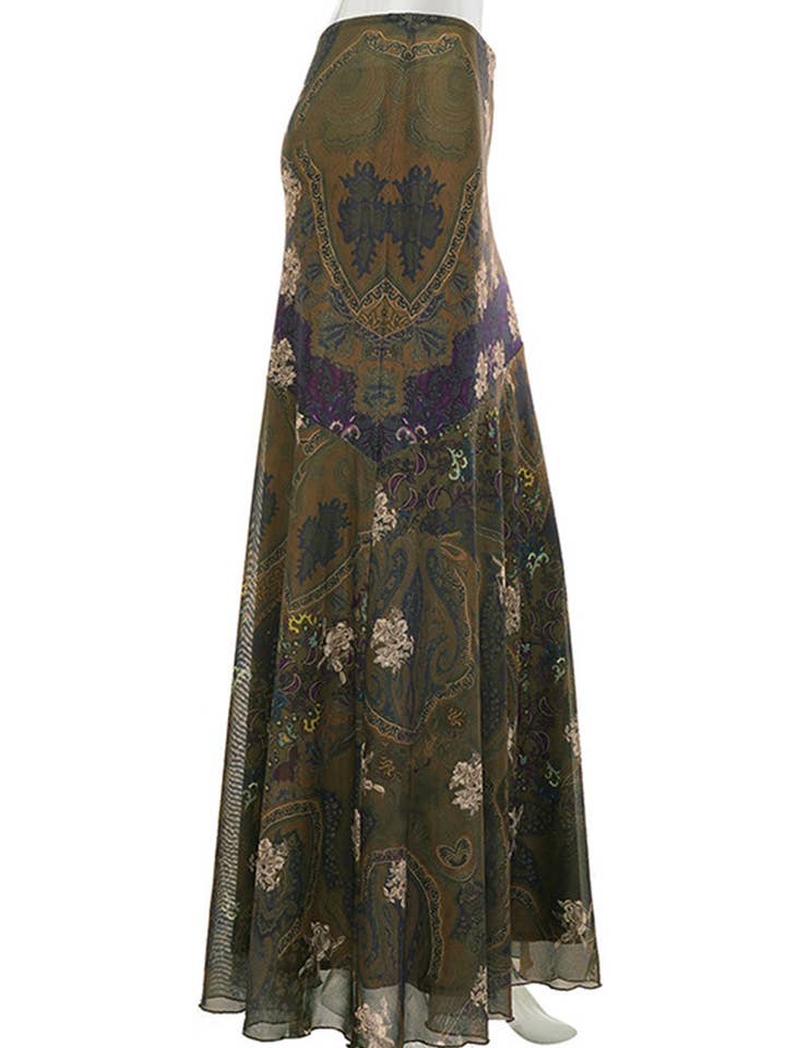 Women's Brown Floral Patterned Flowing Midi Skirt - view 6
