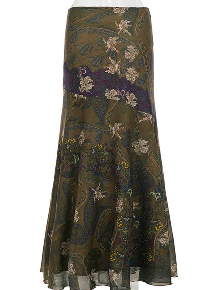 Women's Brown Floral Patterned Flowing Midi Skirt - view 7