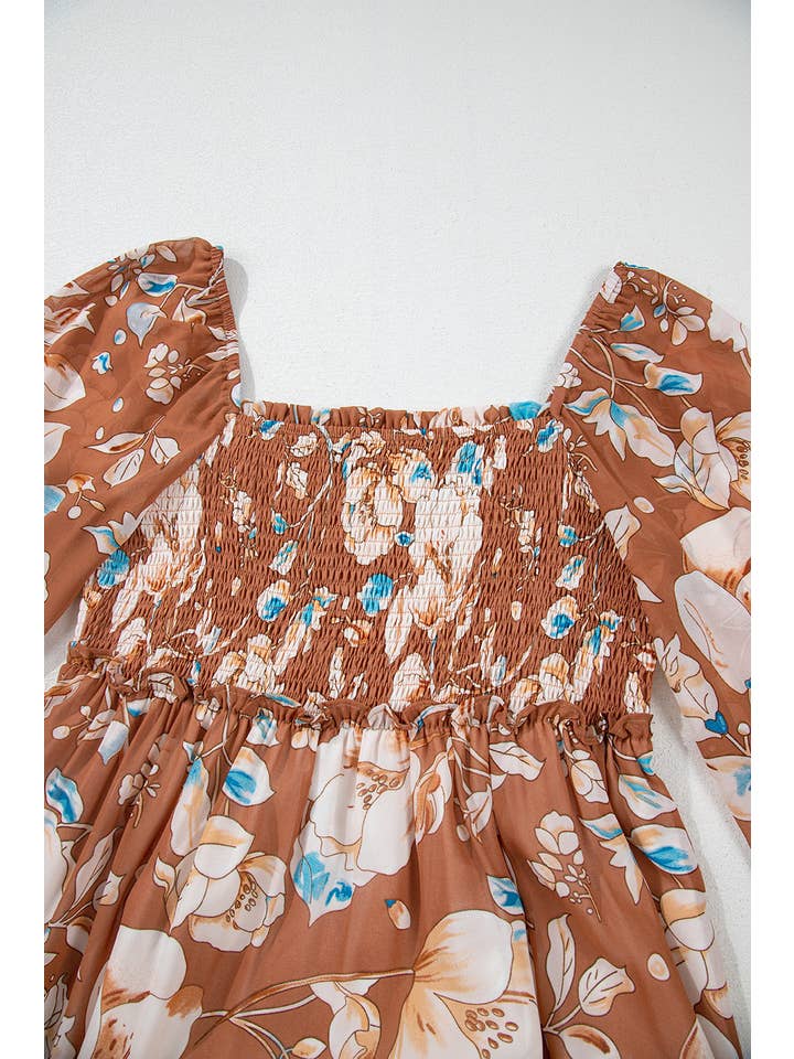 Women's Brown Floral Shirred Square-Neck Tiered Maxi Dress - view 3