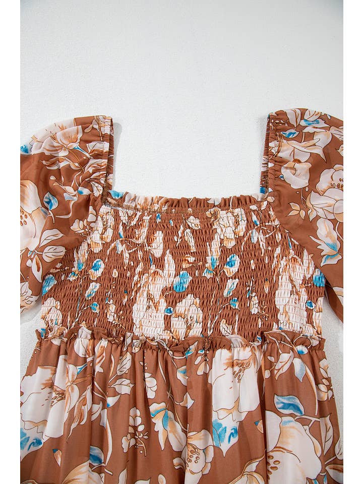 Women's Brown Floral Shirred Square-Neck Tiered Maxi Dress - view 4