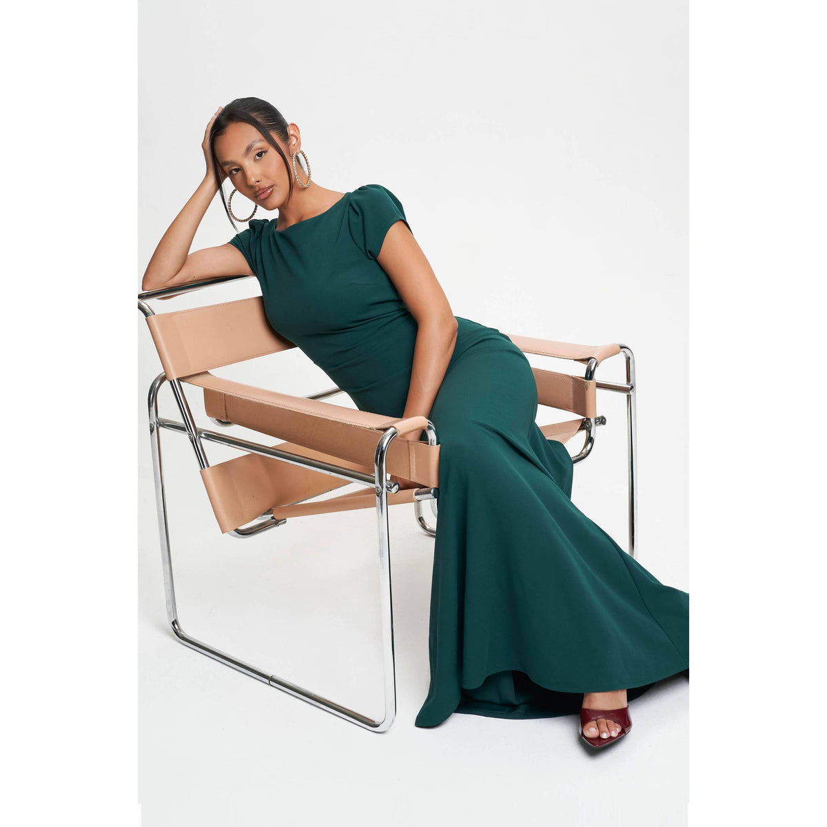 Women's hunter green cap sleeve open tie back flared maxi dress