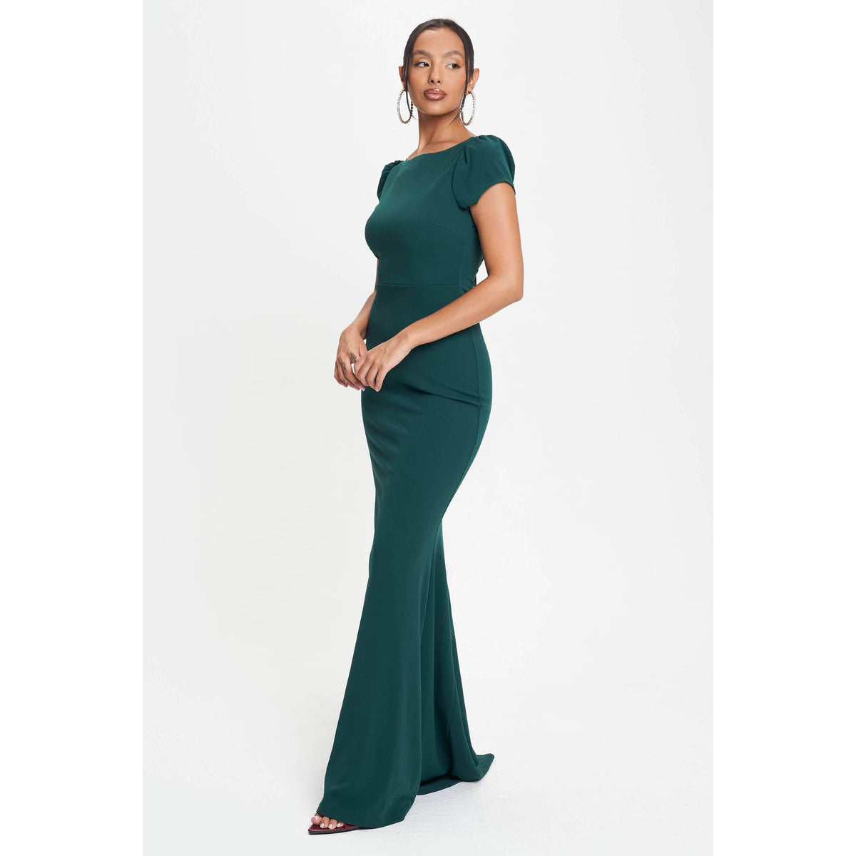 Women's hunter green cap sleeve open tie back flared maxi dress – view 3