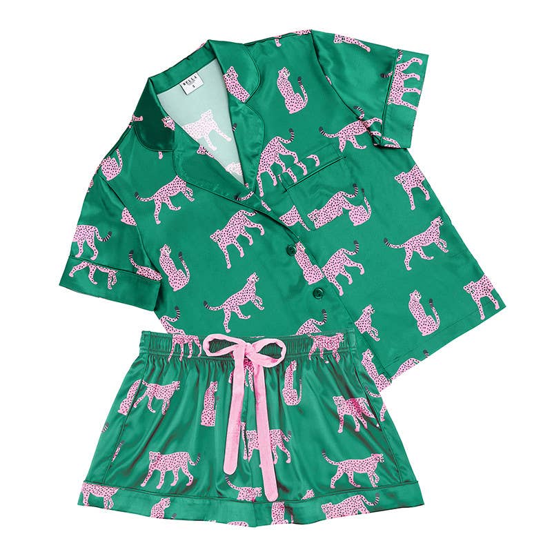 Women's green cheetah print satin pajama set with velvet tie