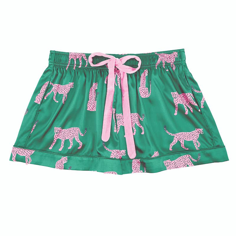 Women's green cheetah print satin pajama set with velvet tie – view 3