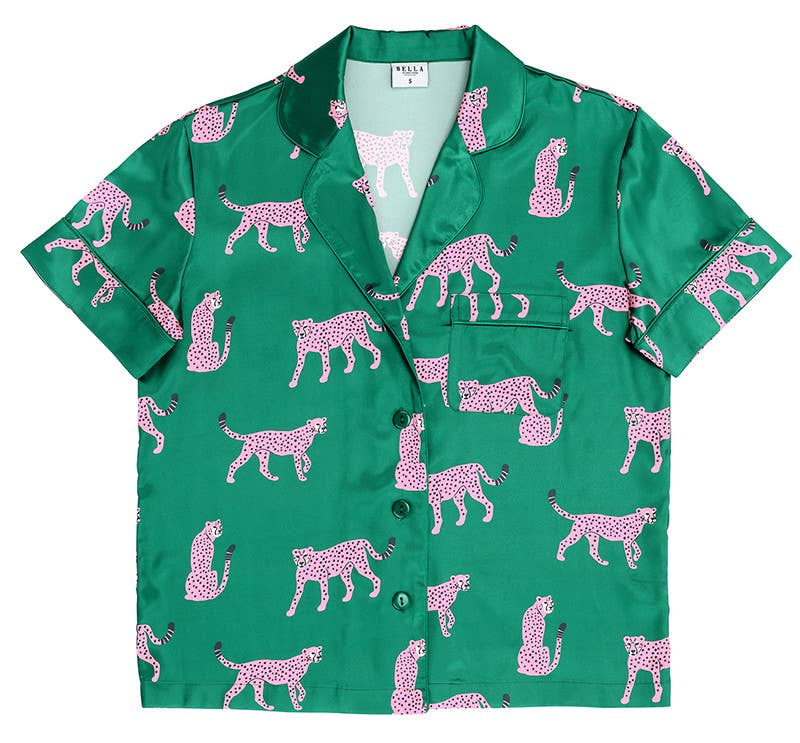 Women's green cheetah print satin pajama set with velvet tie – view 4