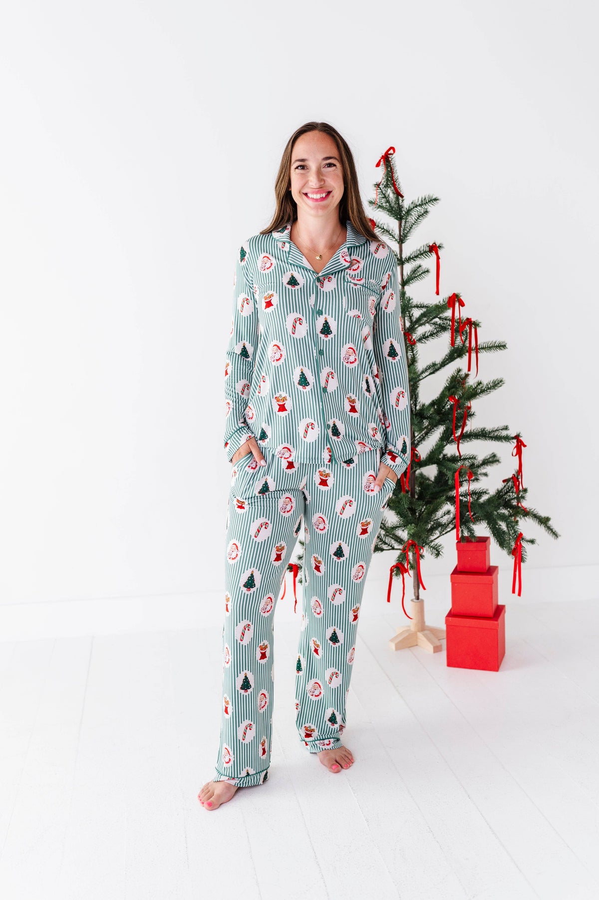 Women's Christmas stripe bamboo button-down lounge pajama set