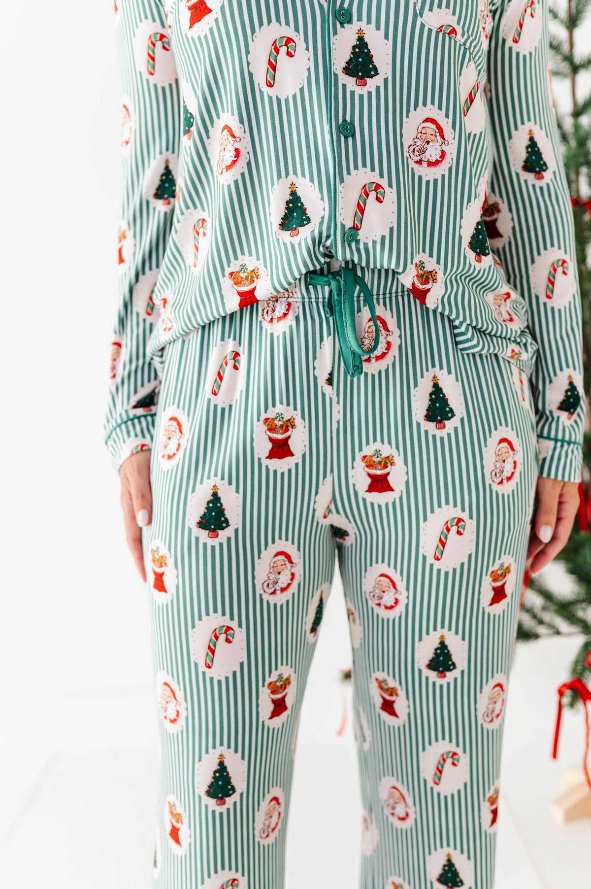 Women's Christmas stripe bamboo button-down lounge pajama set