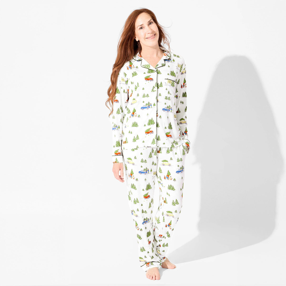 Women's Christmas tree print bamboo button-up pajama set