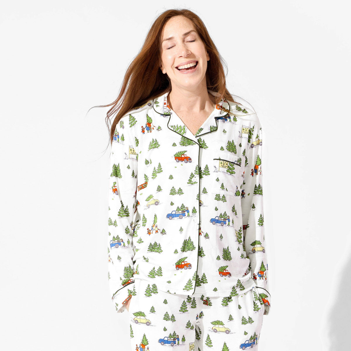 Women's Christmas tree print bamboo button-up pajama set