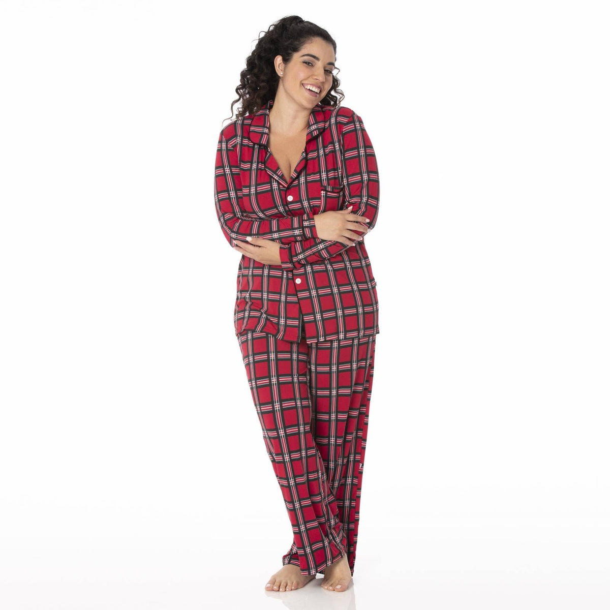 Women's holiday plaid bamboo collared pajama set