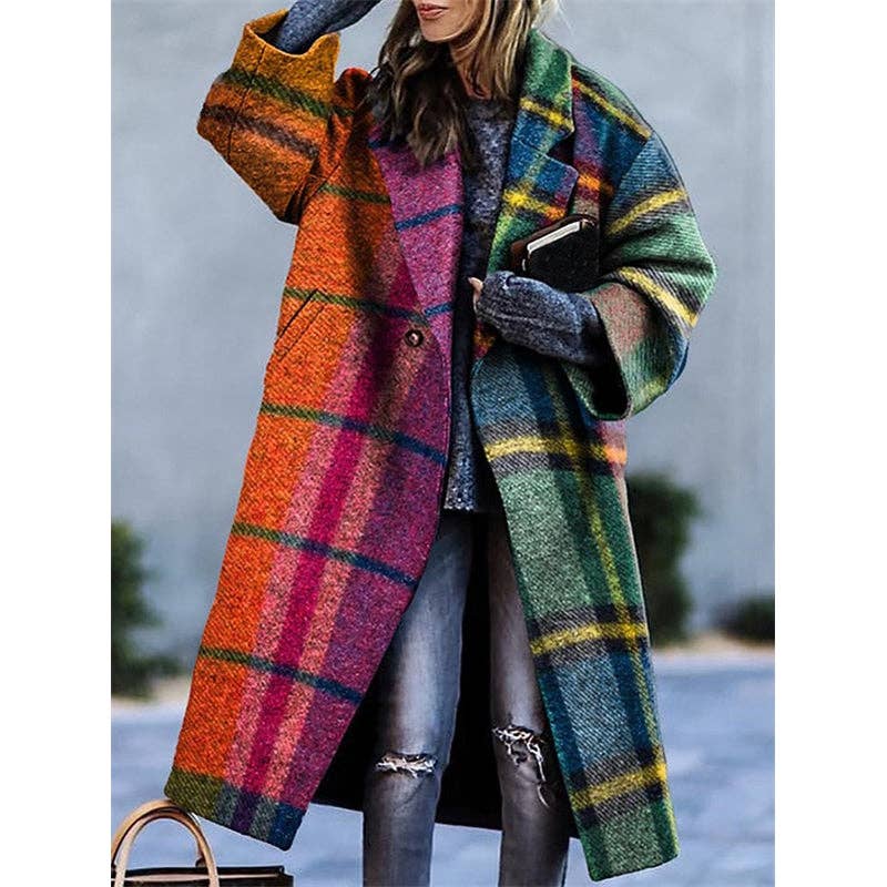 Women's orange contrast plaid wool-blend lapel long coat