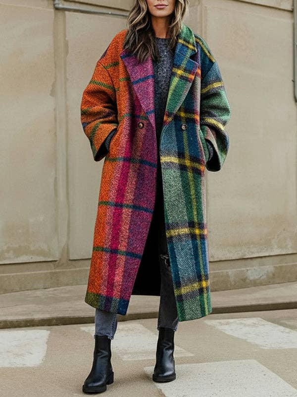 Women's orange contrast plaid wool-blend lapel long coat – detail view