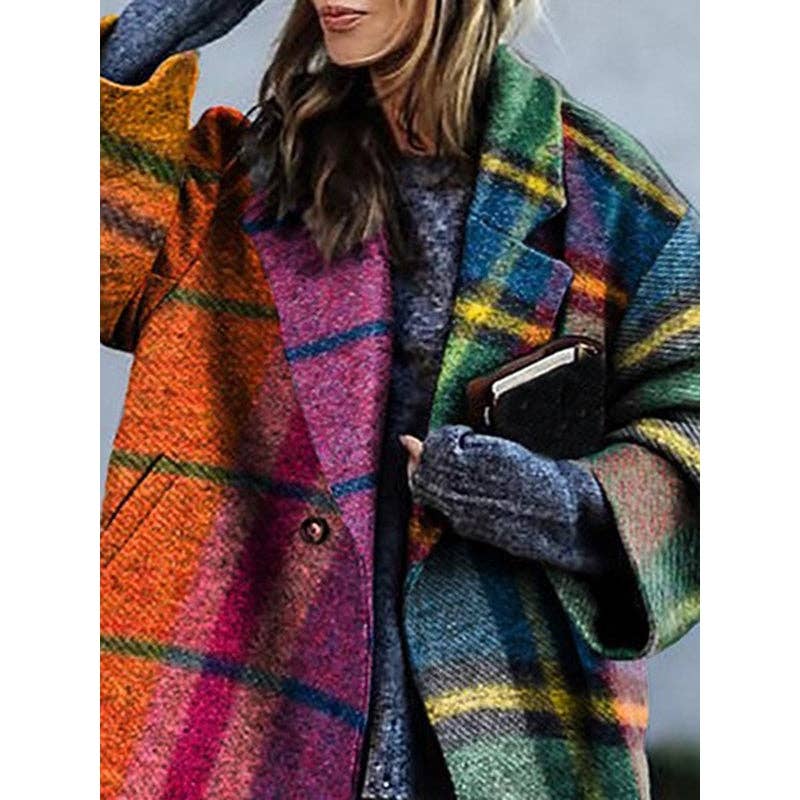 Women's orange contrast plaid wool-blend lapel long coat – styled view