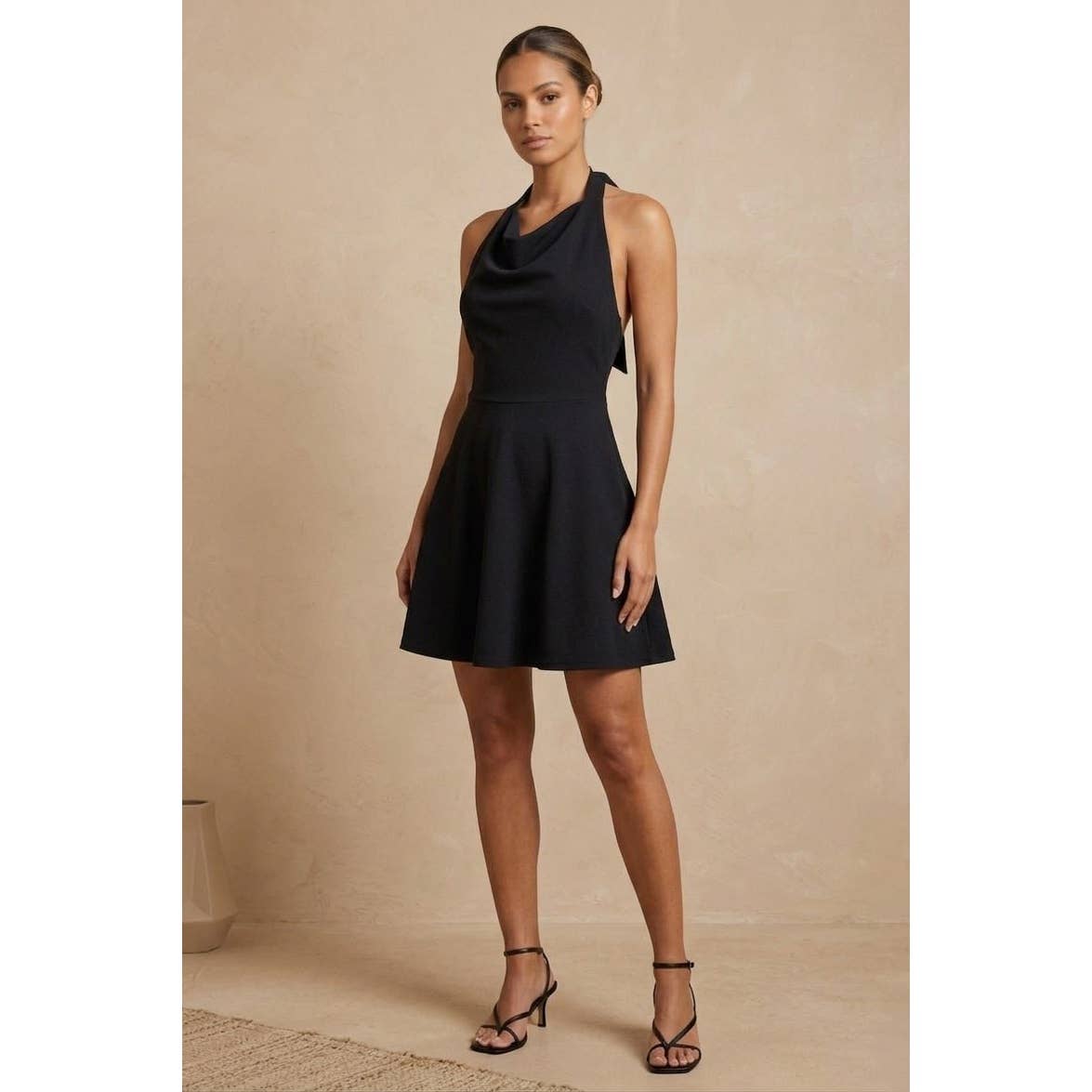 Women's black cowl neck halter A-line crepe mini dress