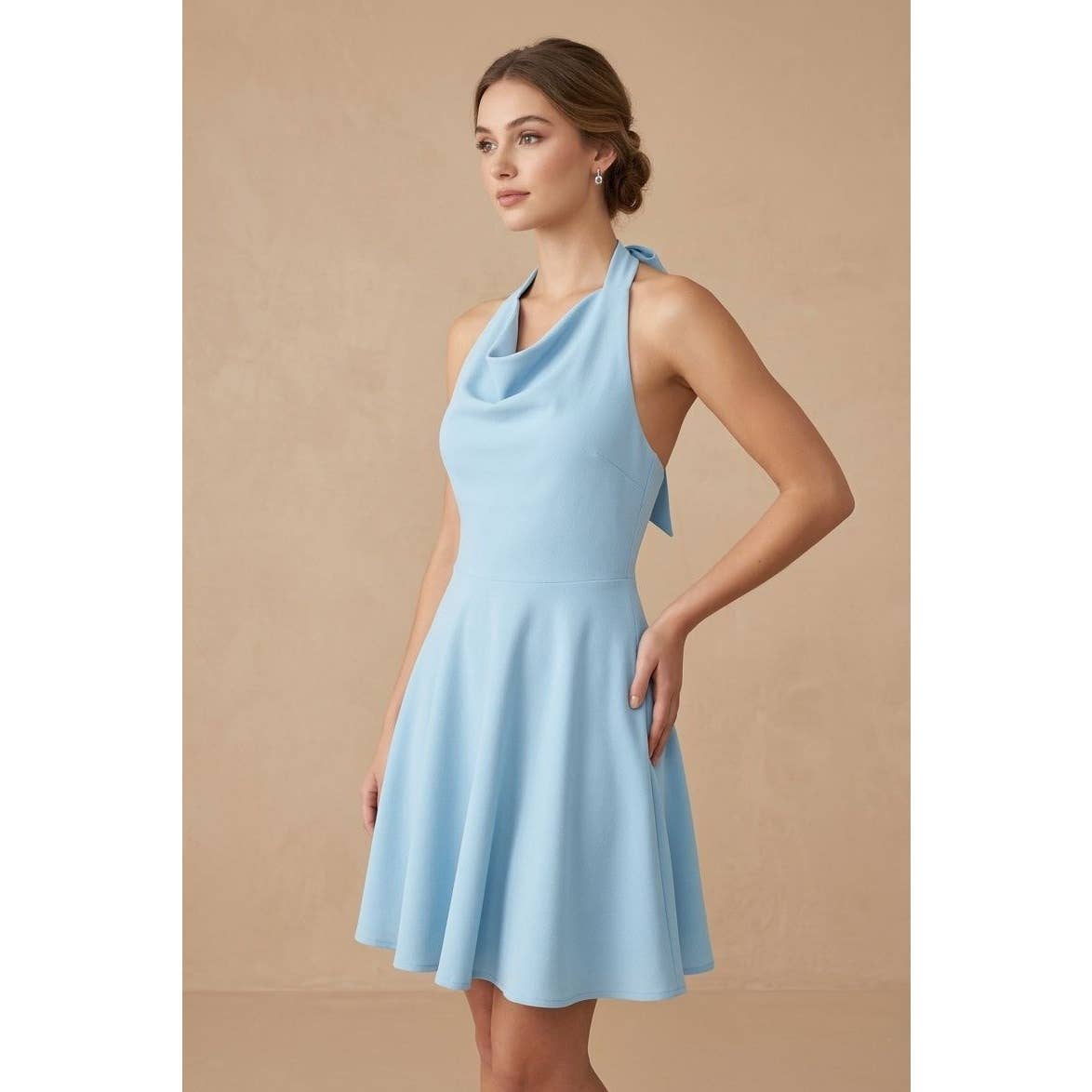 Women's light blue cowl neck halter A-line crepe mini dress