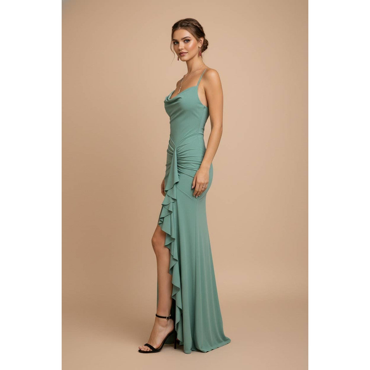 Women's pearl and seafoam cowl neck ruched ruffle slit maxi dress – view 2