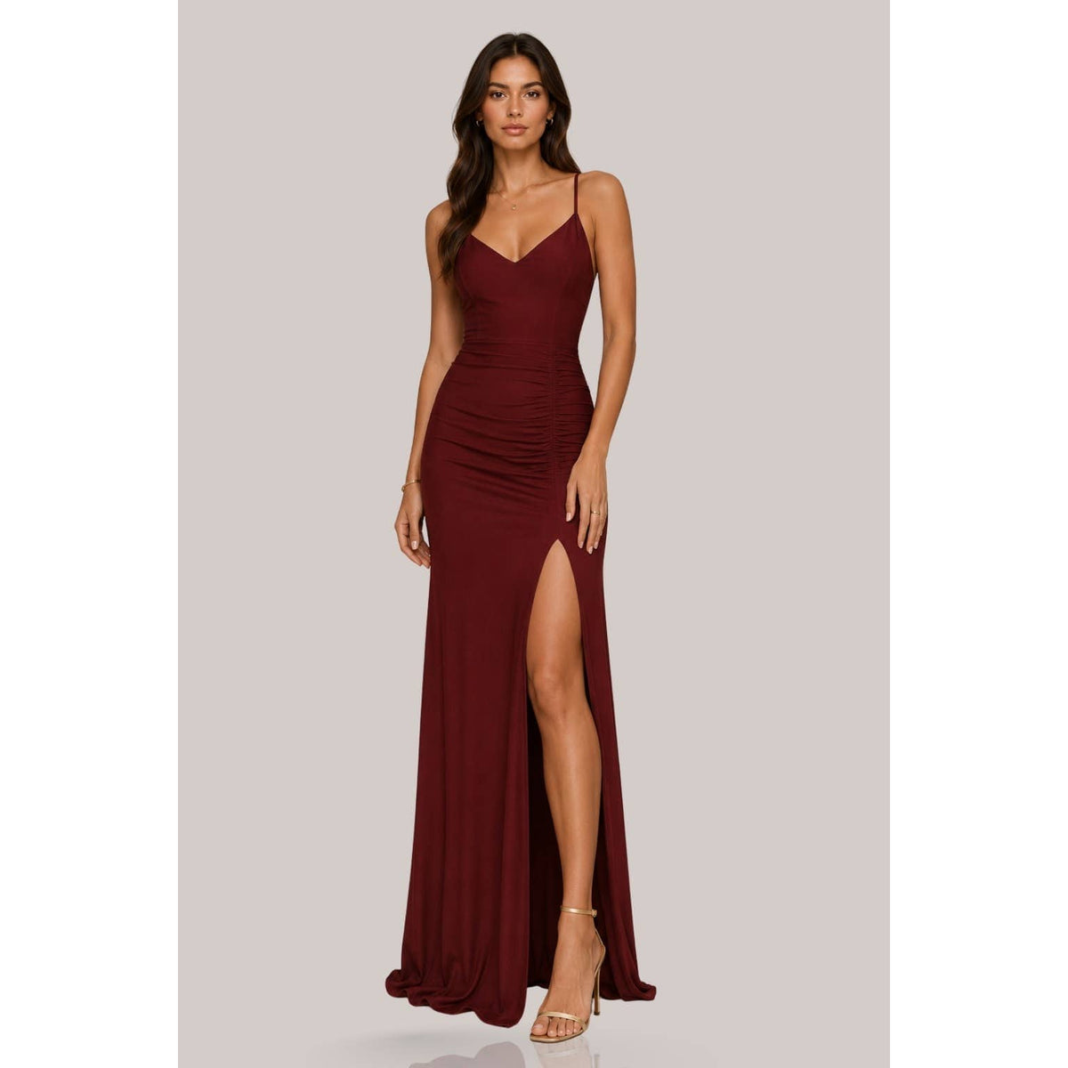 Women's fall red criss-cross halter ruched slit maxi dress