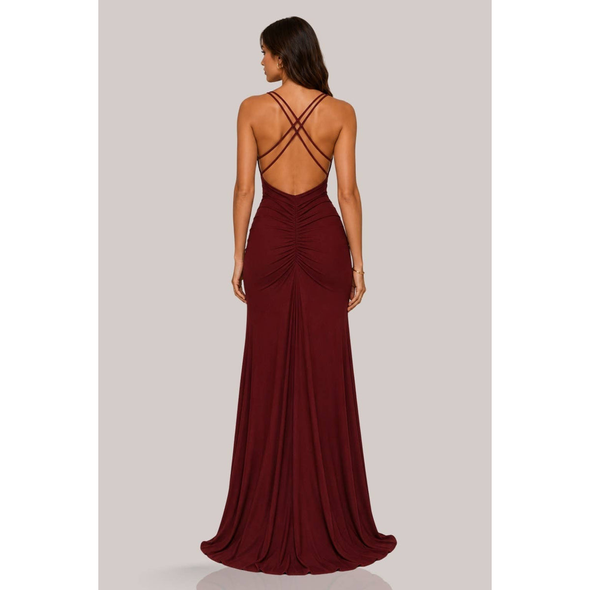 Women's fall red criss-cross halter ruched slit maxi dress – view 4