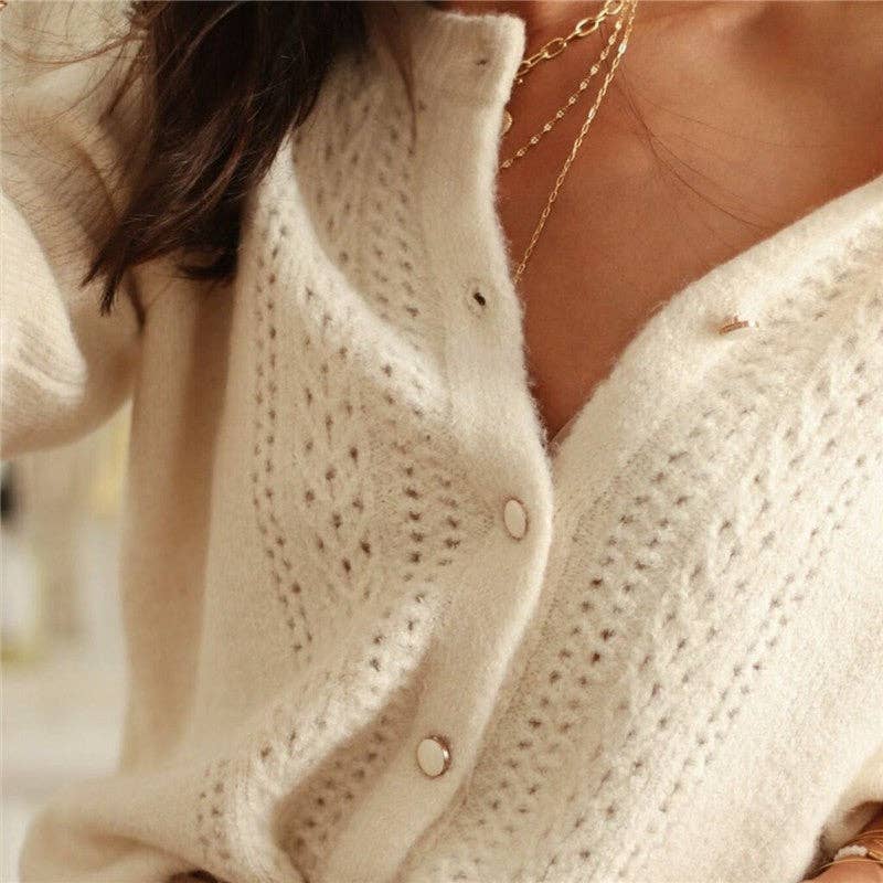 Women's cream crochet lace balloon sleeve button-front cardigan – detail view