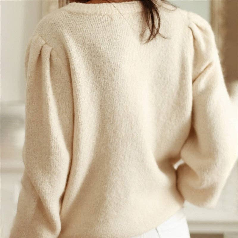 Women's cream crochet lace balloon sleeve button-front cardigan – styled view
