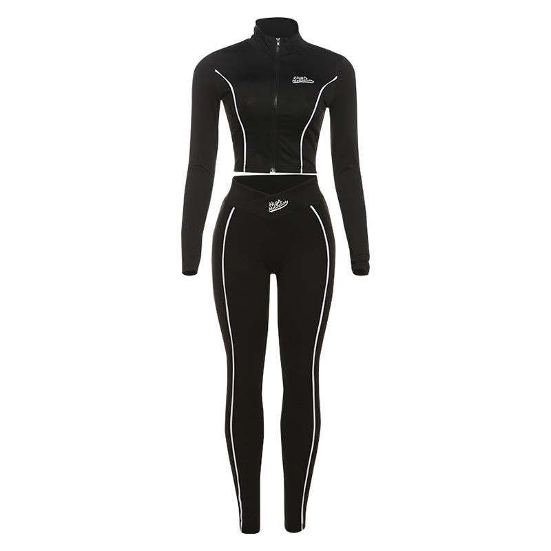 Women's black cropped long sleeve top and slim-fit pants set