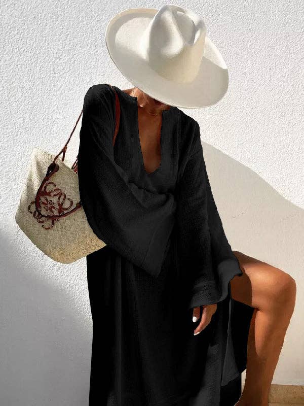 Women's deep V-neck flared sleeve midi dress in white or black – detail view