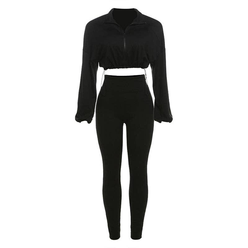 Women's black drawstring long sleeve crop top and high-waisted pants set