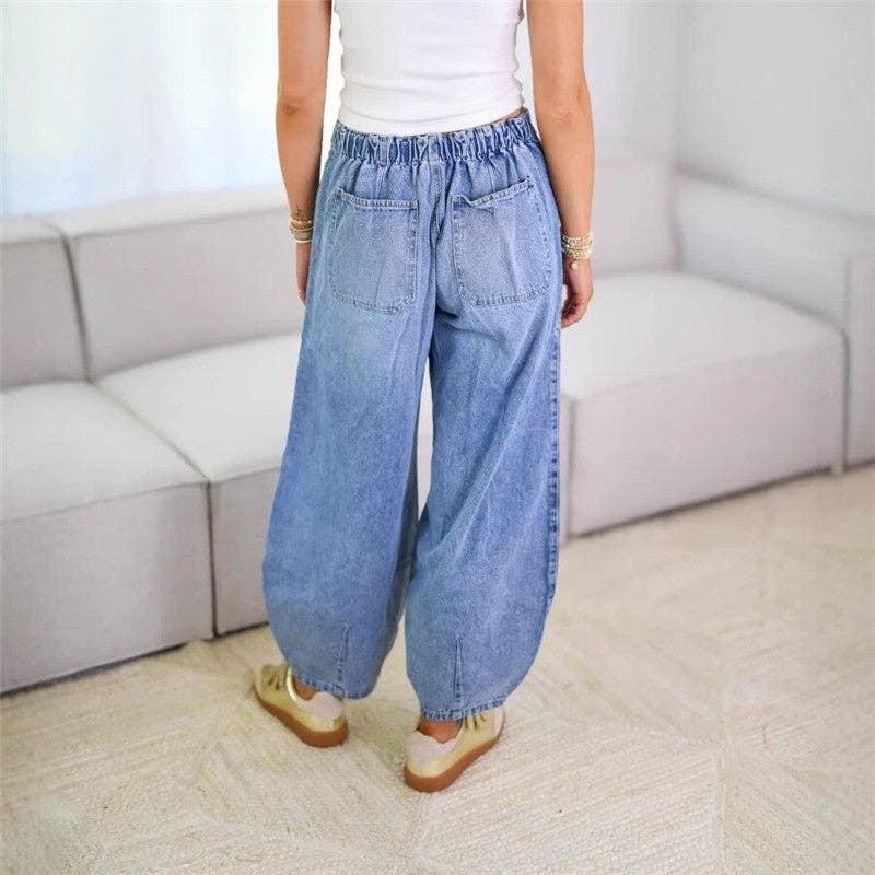 Women's baby blue elastic drawstring waist relaxed jeans – alternate view