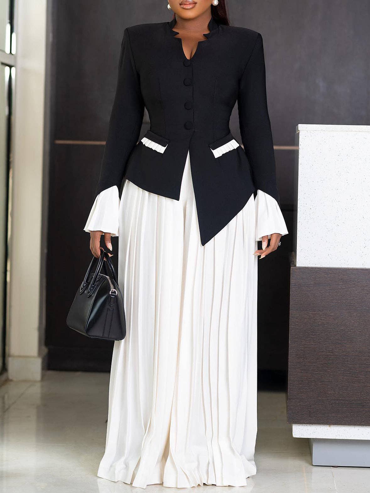 Women's black flare sleeve top and wide leg pants set, view 2